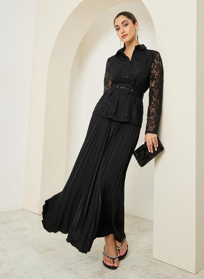 ستايلي طقم منسق من تنورة بكسرات وقميص دانتيل بحزام - Image 5